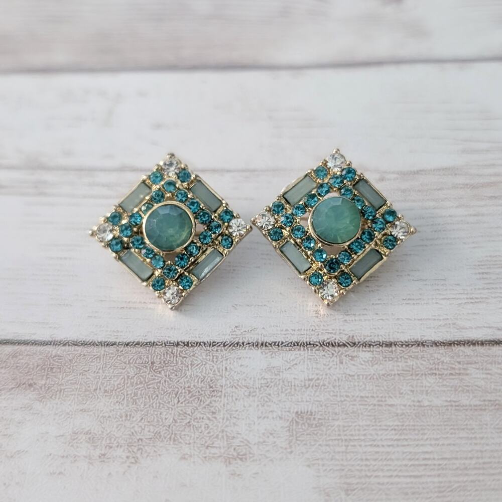 Vintage Clip On Earrings - Stud Conversion - Turquoise Tone/Gold Tone